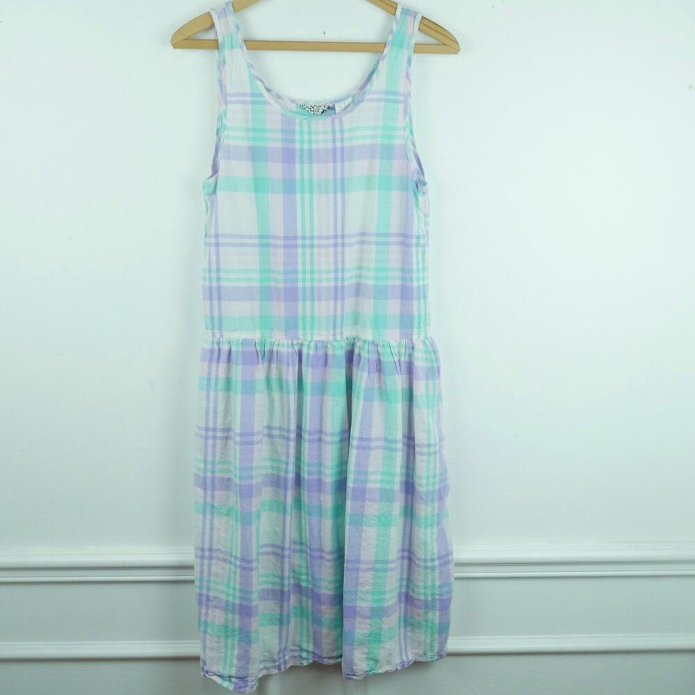 Vintage Small Dress 80s Midi Pastel Plaid Drop‎ Waist Cottagecore Preppy Cotton